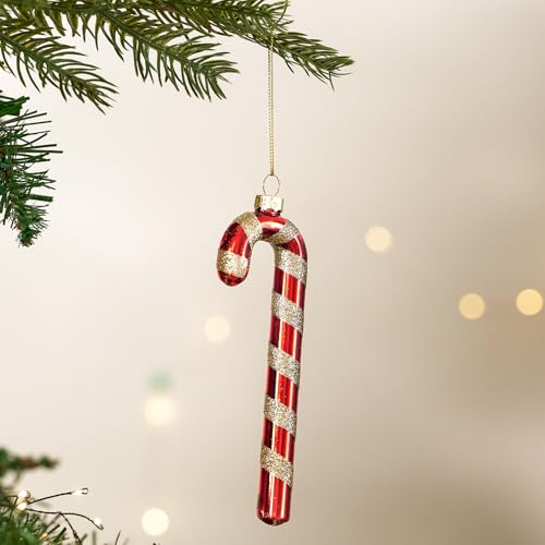 Candy Cane Christmas Decorations Set of 6 - Red & White Glass Ornaments