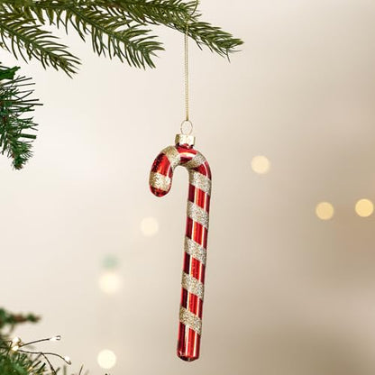 Candy Cane Christmas Decorations Set of 6 - Red & White Glass Ornaments
