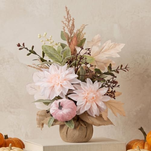Artificial Fall Thanksgiving Centerpiece with White Dahlia & Pumpkin - Rustic Farmhouse Decor