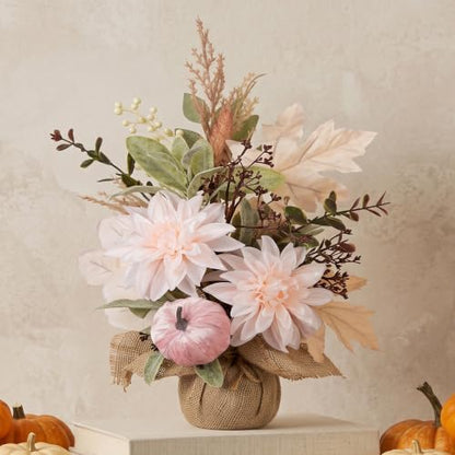 Artificial Fall Thanksgiving Centerpiece with White Dahlia & Pumpkin - Rustic Farmhouse Decor