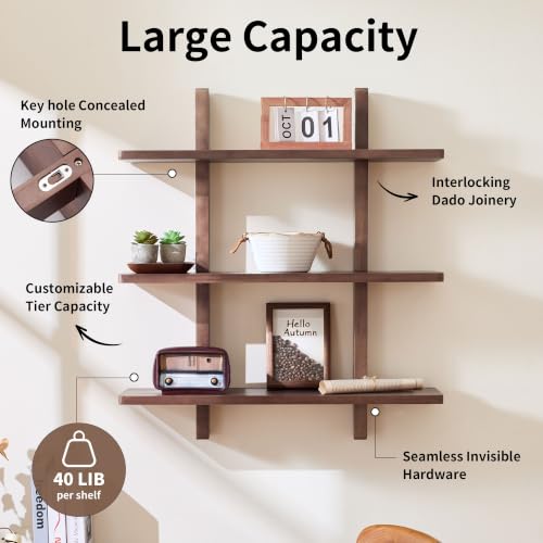 Brown 28 Inch x 31.5 Inch 3-Tier Floating Wall Shelf - Heavy Duty Pine Wood