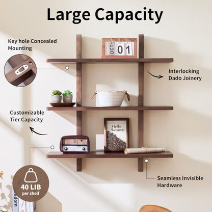 Brown 28 Inch x 31.5 Inch 3-Tier Floating Wall Shelf - Heavy Duty Pine Wood