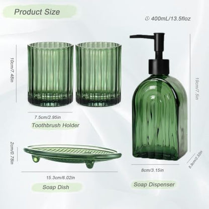 Green Glass Bathroom Accessories Set with Soap Dispenser and Toothbrush Holders - 4 Piece