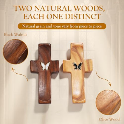10-Pack Wooden Prayer Crosses with Metal Butterfly - Natural & Black Walnut