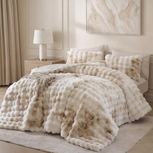 Weigelia Faux Rabbit Fur King Comforter Set - Tiedyekhaki 7 Piece Bed in a Bag