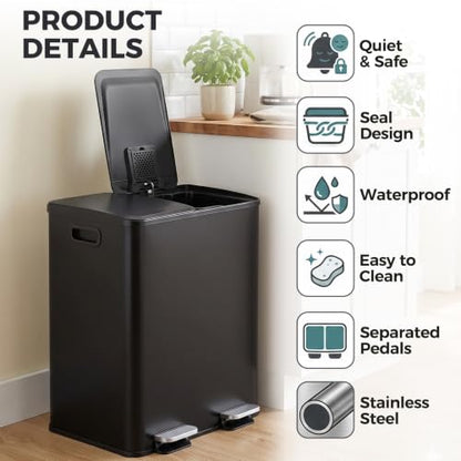 Dual Stainless Steel Kitchen Trash Can 13.2 Gallon with Soft Close Lid