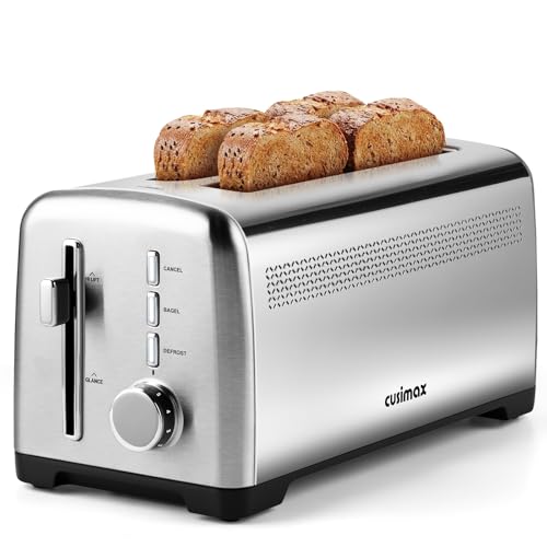 CUSIMAX 4-Slice Toaster with Long Slots - Silver, Sourdough & Bagel Settings