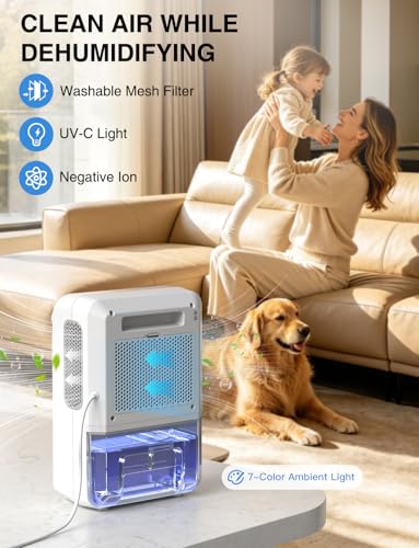 2L Compact Dehumidifier for Bedroom Bathroom with Drain Hose Quiet 500 Sq.ft