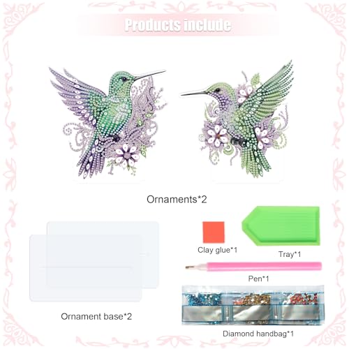 Antor 2 Pcs Hummingbird Diamond Painting Kit - Green Crystal Rhinestone Ornaments for Home & Office Decor