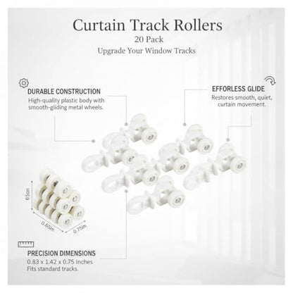 20 Pack Curtain Track Rollers - Replacement Gliders for Standard Curtains