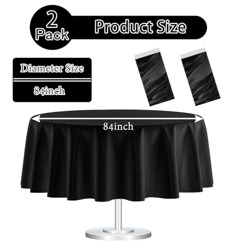 Black Round Plastic Tablecloth 84 Inch Disposable Waterproof Party Cover - 2 Pack