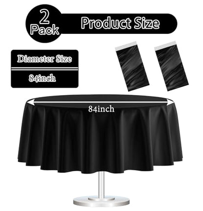 Black Round Plastic Tablecloth 84 Inch Disposable Waterproof Party Cover - 2 Pack