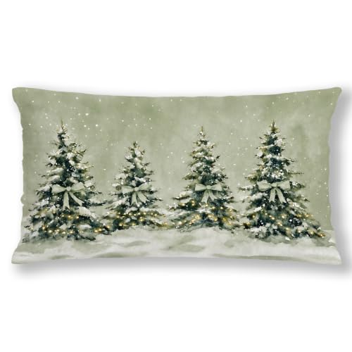 Sage Green Winter Christmas Tree Lumbar Pillow Cover 12x20 with Hidden Zipper - Pack of 1