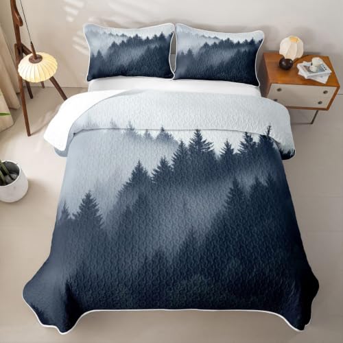 Queen Quilt Set with Pillowcases - Misty Pine Forest Nature Themed Bedding - Dark Blue Gray