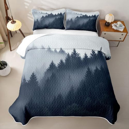 Queen Quilt Set with Pillowcases - Misty Pine Forest Nature Themed Bedding - Dark Blue Gray