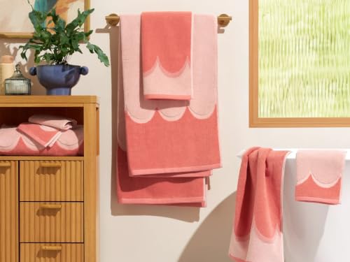 Pink 6-Piece Scalloped Bath Towel Set - 56 x 30 Inches Combed Cotton