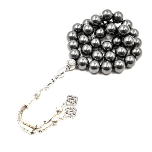 Natural Hematite Stone Tasbih Prayer Beads 33 Count Islamic Jewelry with Metal Tassel 10mm
