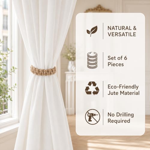 6 Pack Braided Curtain Tiebacks - Rustic Cotton Rope Holdbacks for Living Room Bedroom