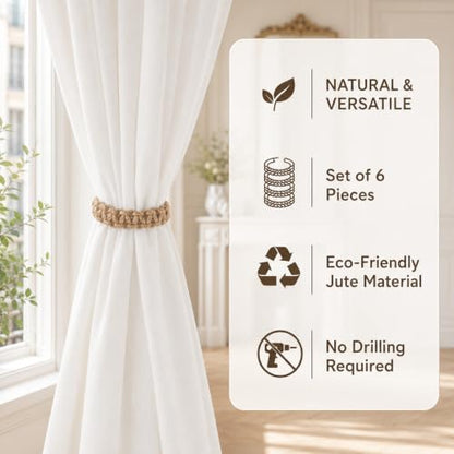 6 Pack Braided Curtain Tiebacks - Rustic Cotton Rope Holdbacks for Living Room Bedroom