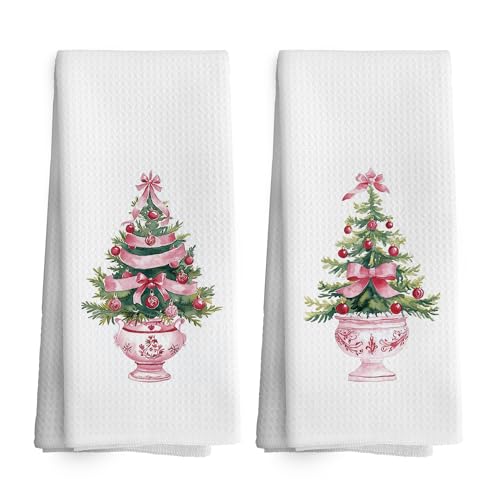 Christmas Chinoiserie-4 Kitchen Towels Set of 2 - Pink Xmas Tree Holiday Dishcloths 16x24 Inches