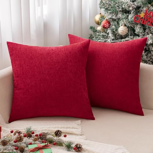 MIULEE Red Chenille Christmas Throw Pillow Covers 18x18 Inches - Pack of 2