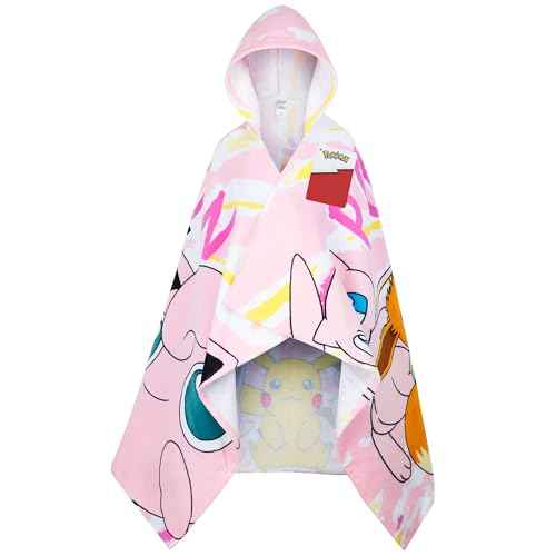 Pokemon Hooded Kids Beach Towel Absorbent Changing Robe Cotton Poncho Bath Towels (Pink, 6-14 Years)