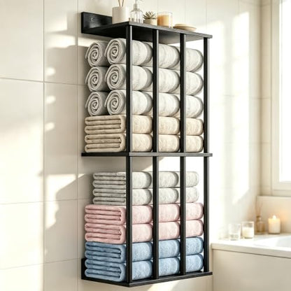 Modern Black 3-Tier Wall Mounted Towel Rack with Wooden Shelf - Bathroom Organizer