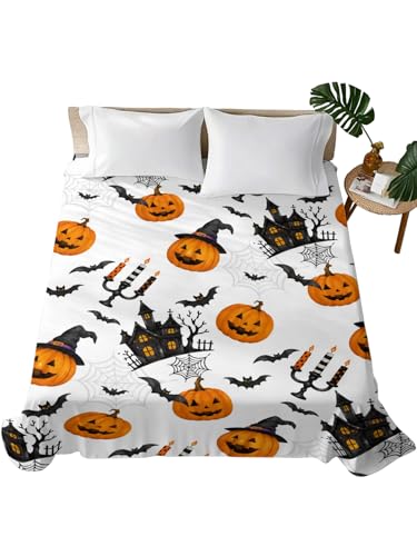 Halloween Pumpkin Haunted Castle Flat Sheet King Size - Orange, Charcoal, White, Cream