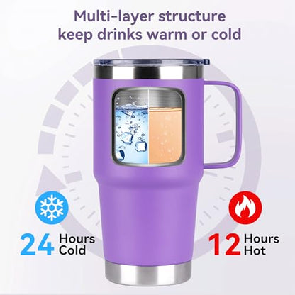Purple 20oz Stainless Steel Insulated Travel Mug with Handle - Bulk 12 Pack