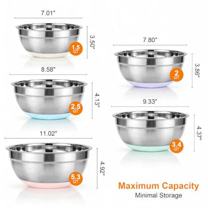 5PCS Stainless Steel Mixing Bowls Set with Colorful Silicone Non-Slip Bases - 1.5 to 5.3 Quarts