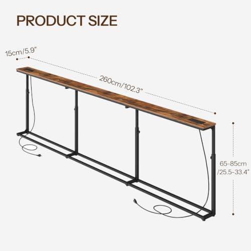 102.3 Inch Narrow Console Table Behind Couch with 5 Adjustable Heights, Built-in Charging Stations - Rustic Brown & Black