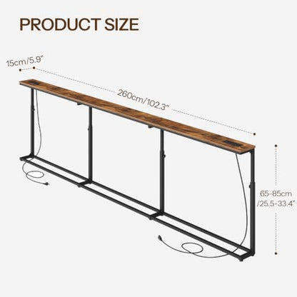 102.3 Inch Narrow Console Table Behind Couch with 5 Adjustable Heights, Built-in Charging Stations - Rustic Brown & Black