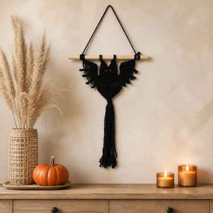 Halloween Boho Macrame Bat Wall Hanging - Black Bat Variation