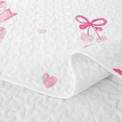 Pink Cherry Queen Size Breathable Quilt Set with Bowknot Design - Cozy Bedspread for Kids & Adults