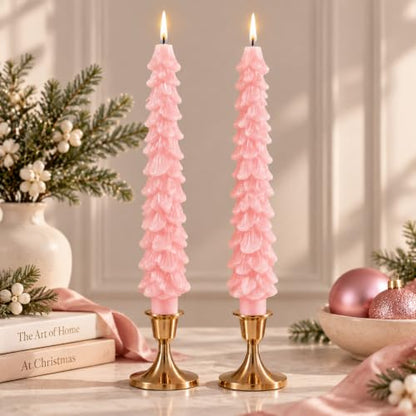 Pink Christmas Tree Candles Set of 2 - 10 Inch Tree-Shaped Taper Candles