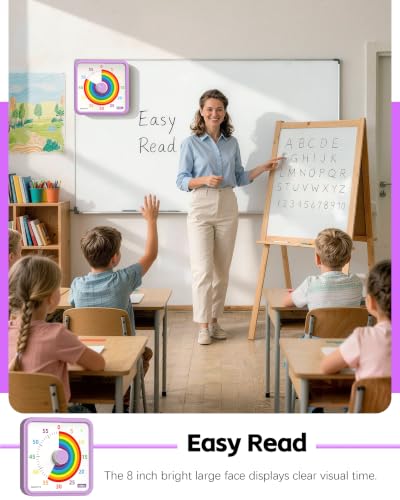 Large 8-Inch Visual Timer for Kids Classroom Use - Purple Rainbows