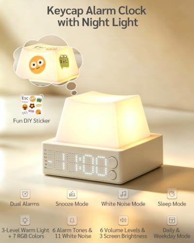 Grey Cute Keycap Alarm Clock with Night Light & White Noise - 3-in-1 Bedroom Timer