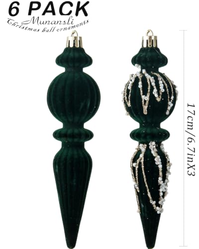 Dark Green Velvet Christmas Ornaments Set - 6 Shatterproof Plastic Holiday Balls