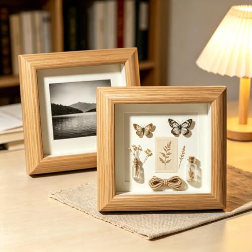 Wood Color 2-Pack Shadow Box Picture Frames 4x4 Inch Deep Glass DIY Display