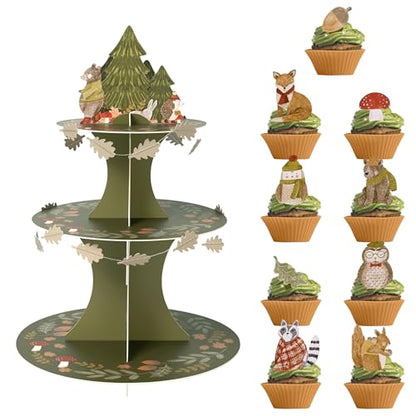 Woodland Cupcake Stand with Forest Animal Toppers - Baby Shower & Party Decor