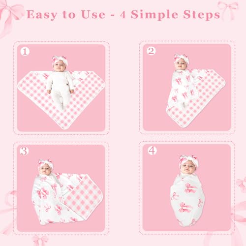 Baby Girl Swaddle Blanket Set with Headband and Beanie - Pink Bows, 30x30 Inches, Soft & Stretchy Newborn Receiving Set