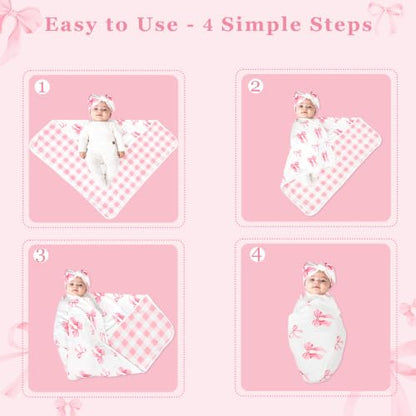 Baby Girl Swaddle Blanket Set with Headband and Beanie - Pink Bows, 30x30 Inches, Soft & Stretchy Newborn Receiving Set
