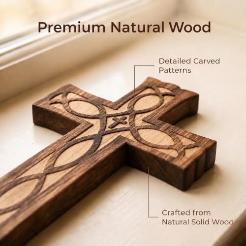 10-Inch Wooden Cross Wall Decor - Handcrafted Religious Jesus Carved Pattern - Ichthys Style