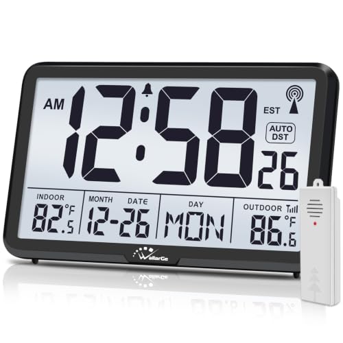 WallarGe Atomic Wall Clock with Backlit Indoor Outdoor Temperature