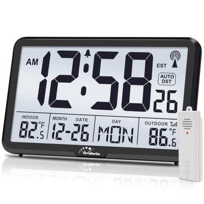 WallarGe Atomic Wall Clock with Backlit Indoor Outdoor Temperature