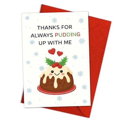 Thanks For Pudding Up With Me Card Xmas18 Funny Food Pun Holiday Card