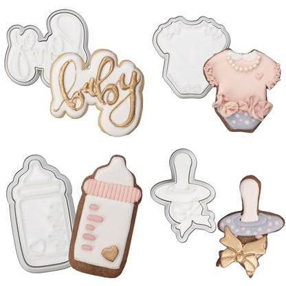 Baby Shower Cookie Cutter 4 Pack 3D Stampers Molds DIY Fondant Decorating for Kids' Birthday Party Kitchen Tools, Baby Letter, Baby Bottle, Onesie, Pacifier