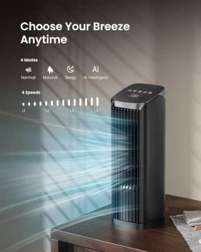 13.2 Inch Tower Fan for Bedroom & Office, Quiet Bladeless Oscillating Desk Fan with Remote & Timer