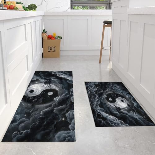 Dark Gray Clouds Mist Tai Chi Yin Yang Kitchen Rugs 2-Piece Non-Slip Mat Set 20x32 & 20x71 Inches Variation of THIS listing