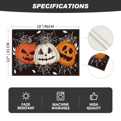 Black Pumpkin Spider Web Halloween Placemats Set of 4 - 12 x 18 Inch Seasonal Fall Table Decor